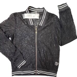 NWT GeeGee Womens Black Floral Lace Bomber Jacket Striped Trim Zip Up Small NEW